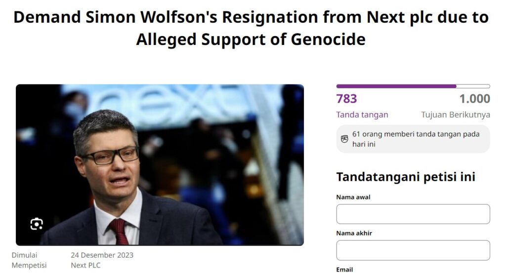 Demand Simon Wolfson's Resignation From Next Plc Due To Alleged Support Of Genocide