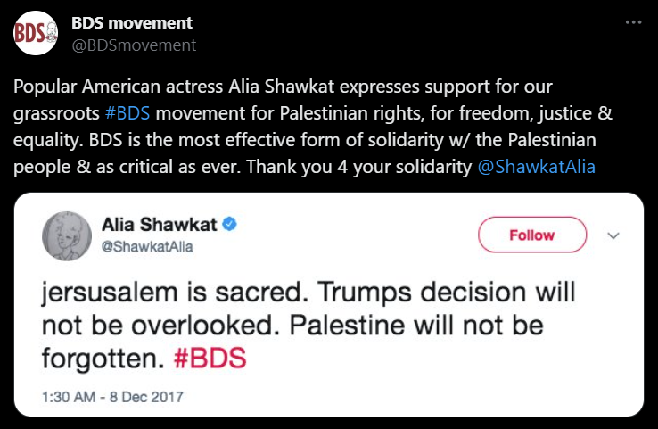 Alia Shawkat Expresses Support For Our Grassroots #bds Movement For Palestinian Rights, For Freedom, Justice & Equality