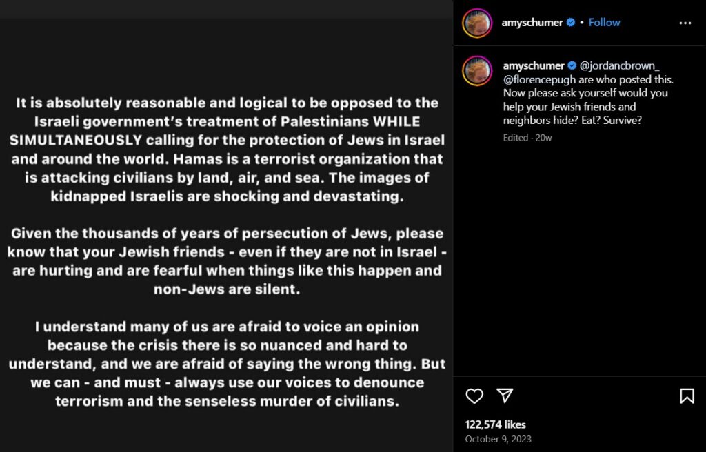 Florence Pugh Allegedly Instagram Post That Showing Support For Israel