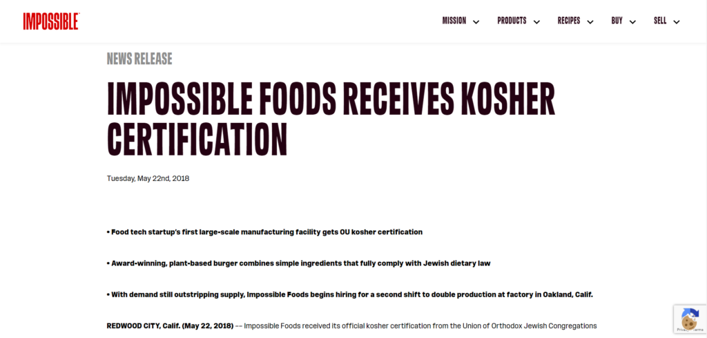 Impossible Foods Receives Kosher Certification