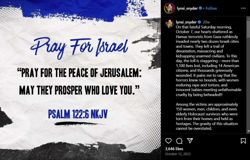 Lynsi Snyder' Instagram Post, Showing Support For Israel